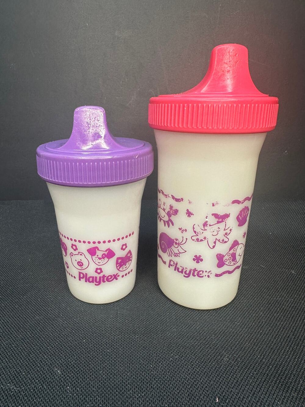 (2) Vintage 1995 Playtex Sippy Purple Animal Heads Sea creatures Original Valve